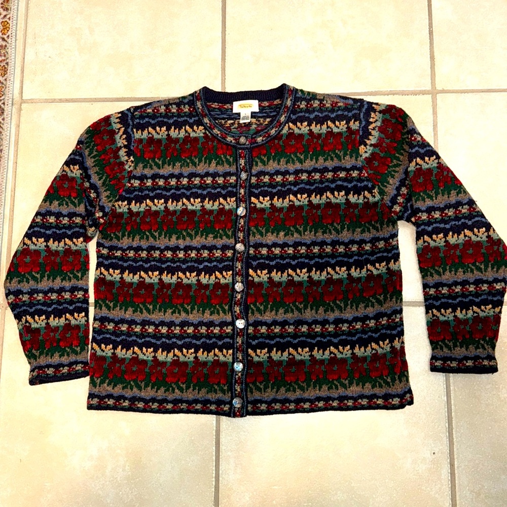 Talbot’s Large heavy wool Nordic Fair Isle red, navy green gray cardigan sweater